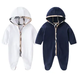 Luxury Designer Brand Baby Hooded Rompers Plaid Newborn Cotton Clothes Girls Boy Long Sleeve Ropa Bebe Footies Jumpsuit Clothing