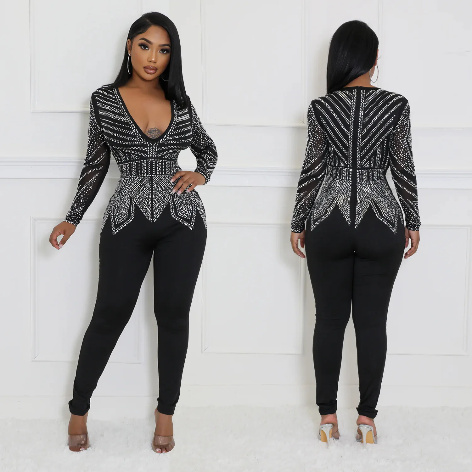 Women's V-Neck Long Sleeved Jumpsuit, Monochromatic Pants, Hot Diamond, European and American Fashion, Amazon Hot Selling 2023 spring female long sleeve solid bodycon jumpsuit bright line decoration black jumpsuit for women one piece sexy club outfit