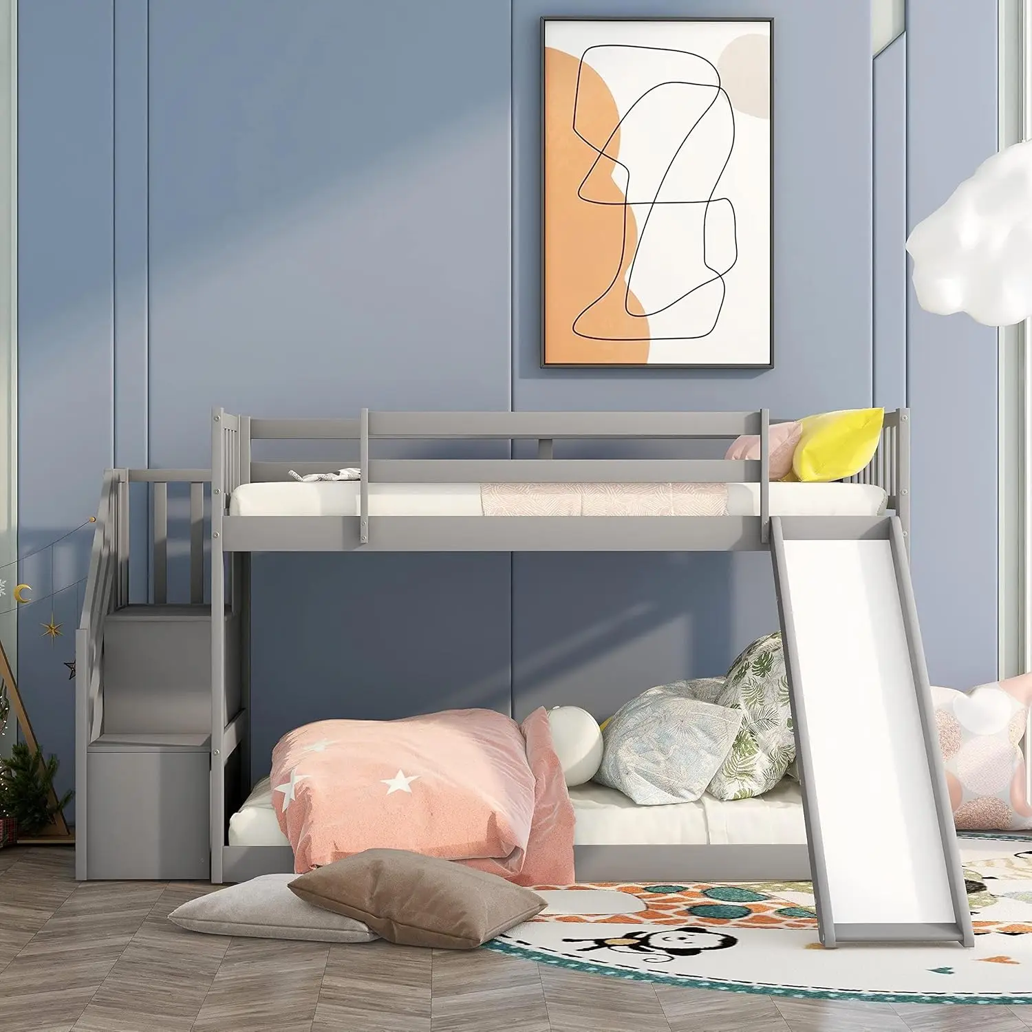 Twin Bunk Beds with Slide for Kids, Low Profile Bunk Beds with Staircase, No Box Spring Needed 2