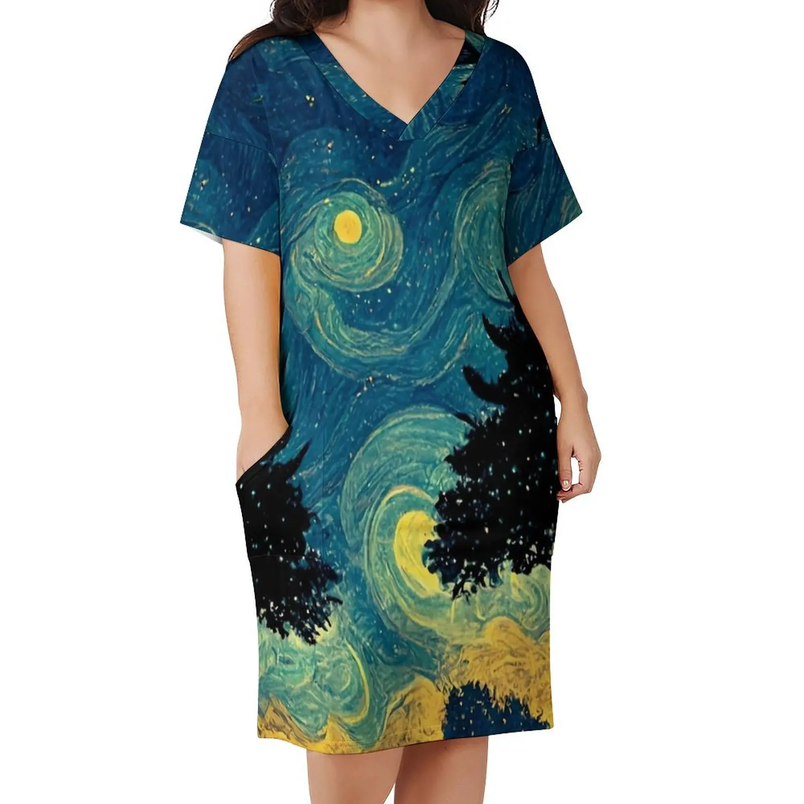 

Starry Night Shadows Dress Short Sleeve Fun Famous Painting Dresses Female Street Wear Custom Casual Dress With Pockets Big Size