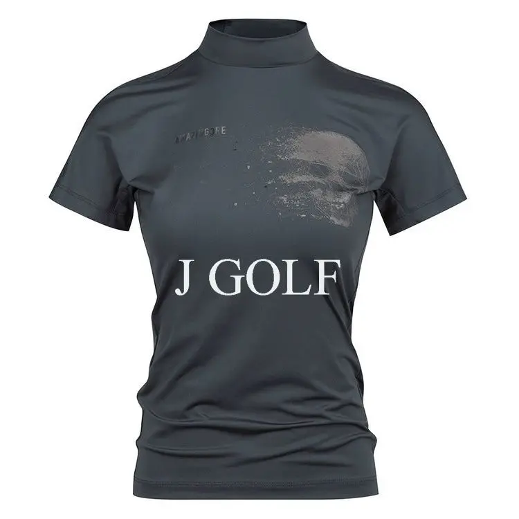 AMAZINGCRE New Women's Golf Clothing Simple Slim Letter Print Quick-drying Stand-up Collar Short-sleeved Top