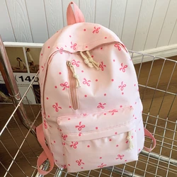 Playful Bow Print Quilted Backpack with Multi - Pocket and Adjustable Straps (Pink)