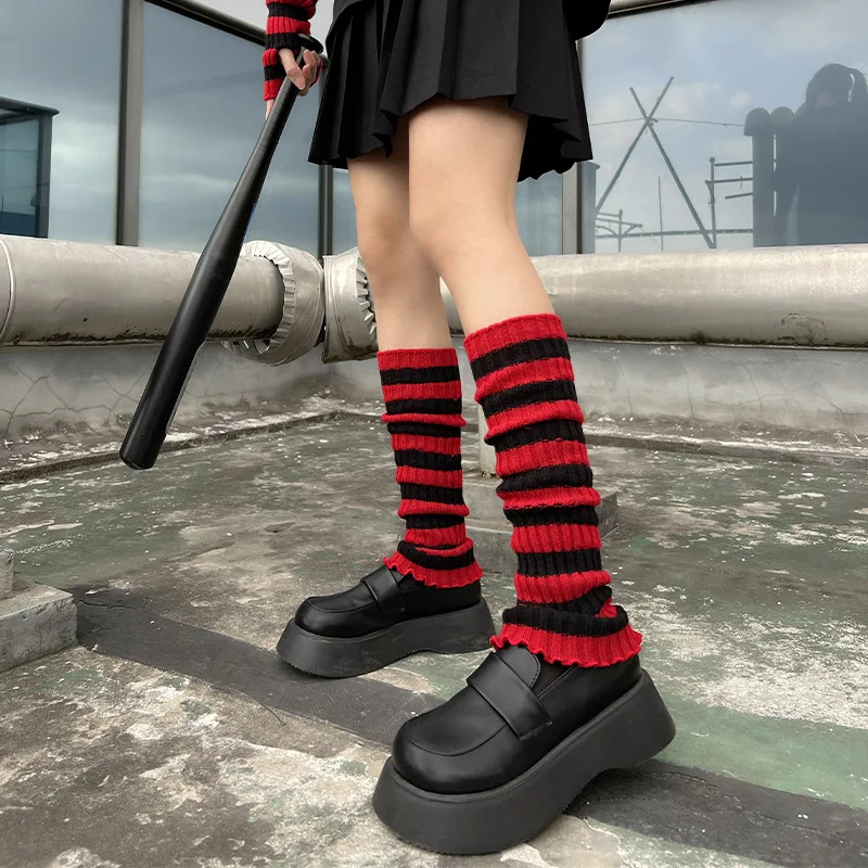 Gothic Punk Damen gestreifte Beine Lolita Lange Strickleggings Japanische Süßigkeiten Wintersocken Kawaii Arm-Knöchelwärmer_voghion.com
