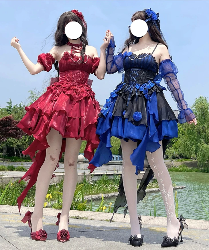 赤い椿のプリンセスドレス,ロリータの襟,花の結婚式,小さな悪魔