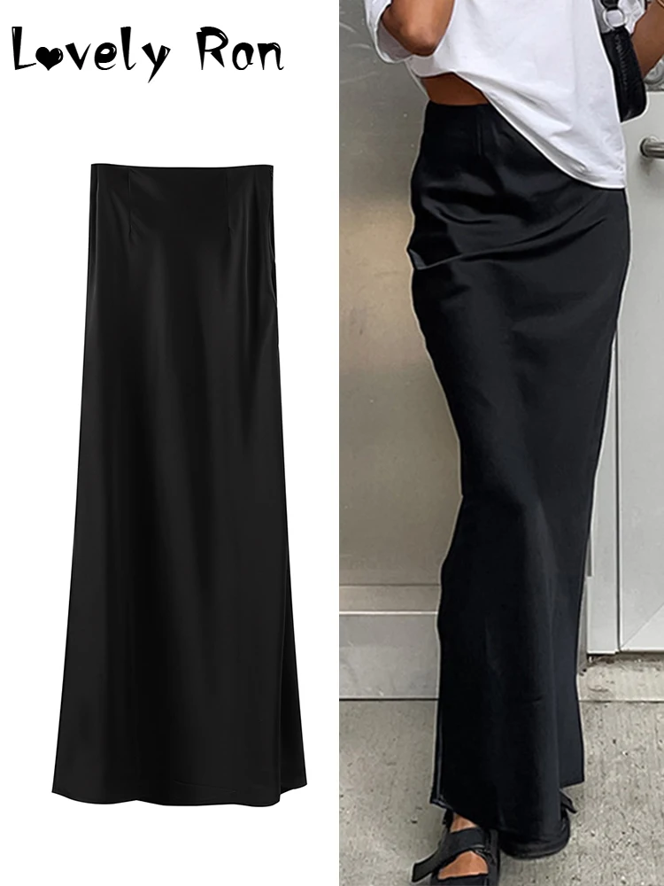 Fashion Satin Black Long Skirt For Women Y2K Spring High Waist Hip