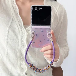Clear Laser Cute Star Phone Case with Hand Rope - Kawaii Hard Cover for Galaxy Z Flip7 (Case with Rope)