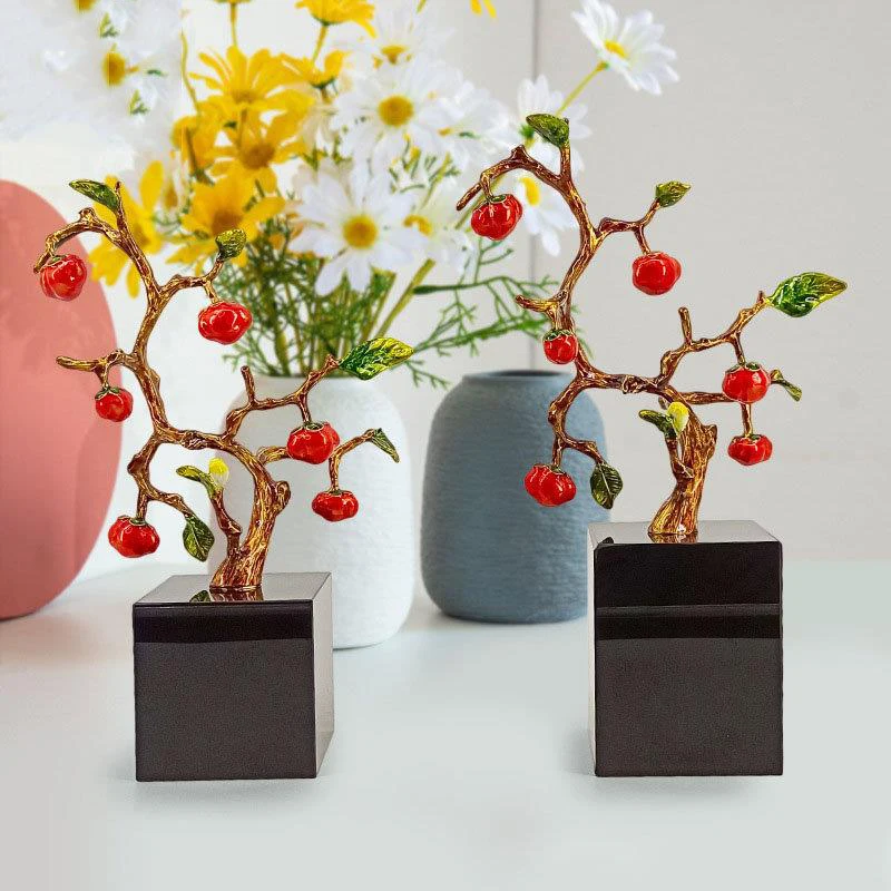 

Painted Persimmon Tree Metal Crafts Marble Base Desk Decoration Sculpture Persimmon Tree Statue Room Aesthetics Decor Ornaments
