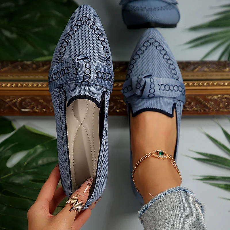 Rimocy Women Flats 2025 New Knitted Mesh Breathable Loafers Soft Comfort Pointed Toe Casual Shoes Trend Bow Decor Woman Shoes 4