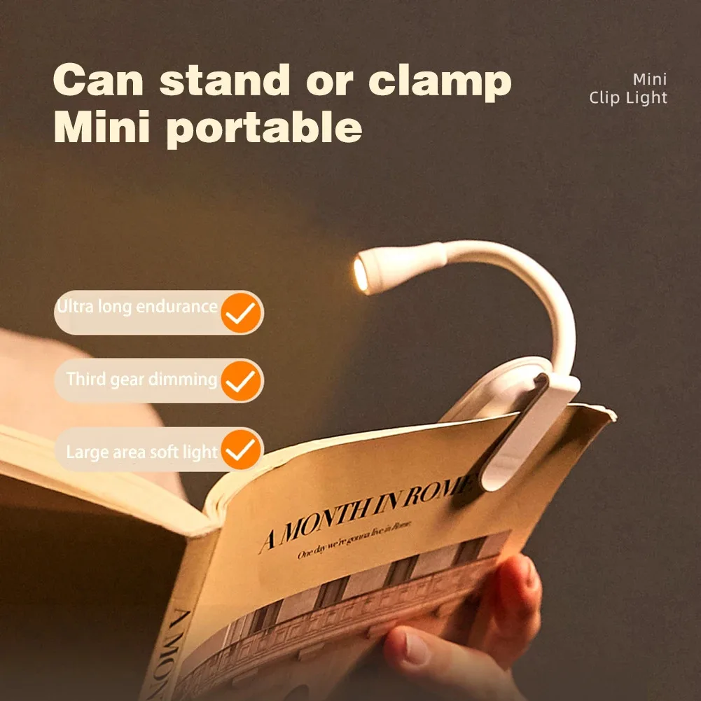 Mini Clip-On Book Light, 360° Rotation USB Rechargeable with 3 Eye-Protection Modes for Reading, Study & Bedroom