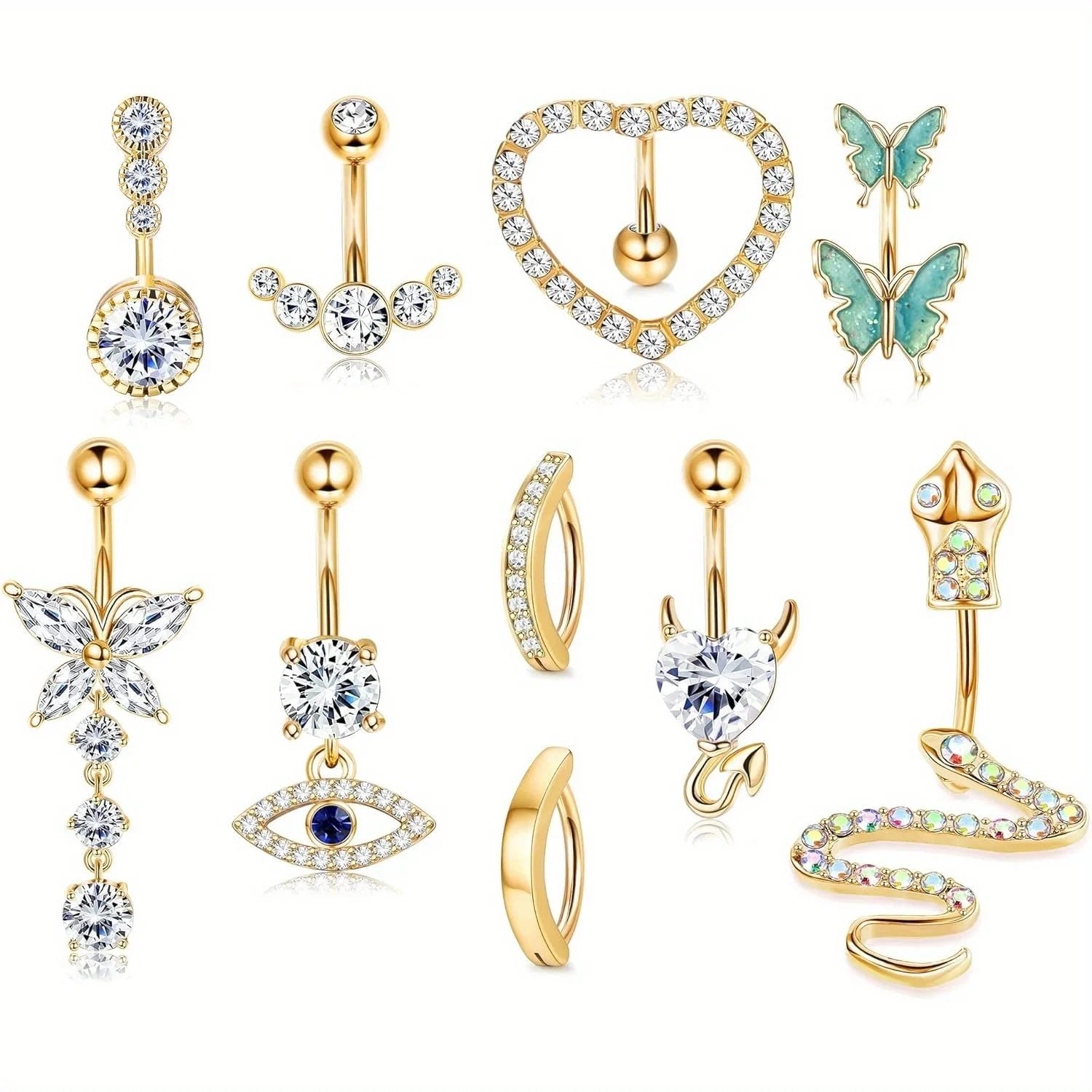 

Drperfect Belly Button Ring 14G Dangle Cute Evil Eye Heart Butterfly Clicker Belly Button Rings for Women Belly Piercing Pack