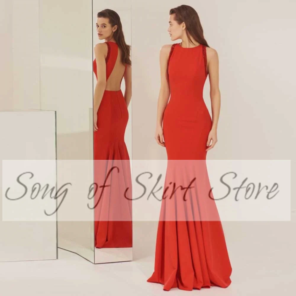 Red Jersey Evening Dress Crew-Neck Mermaid Prom Dresses Splicing Simple Women Sexy Backless Floor Length Celebrity Banquet Gown