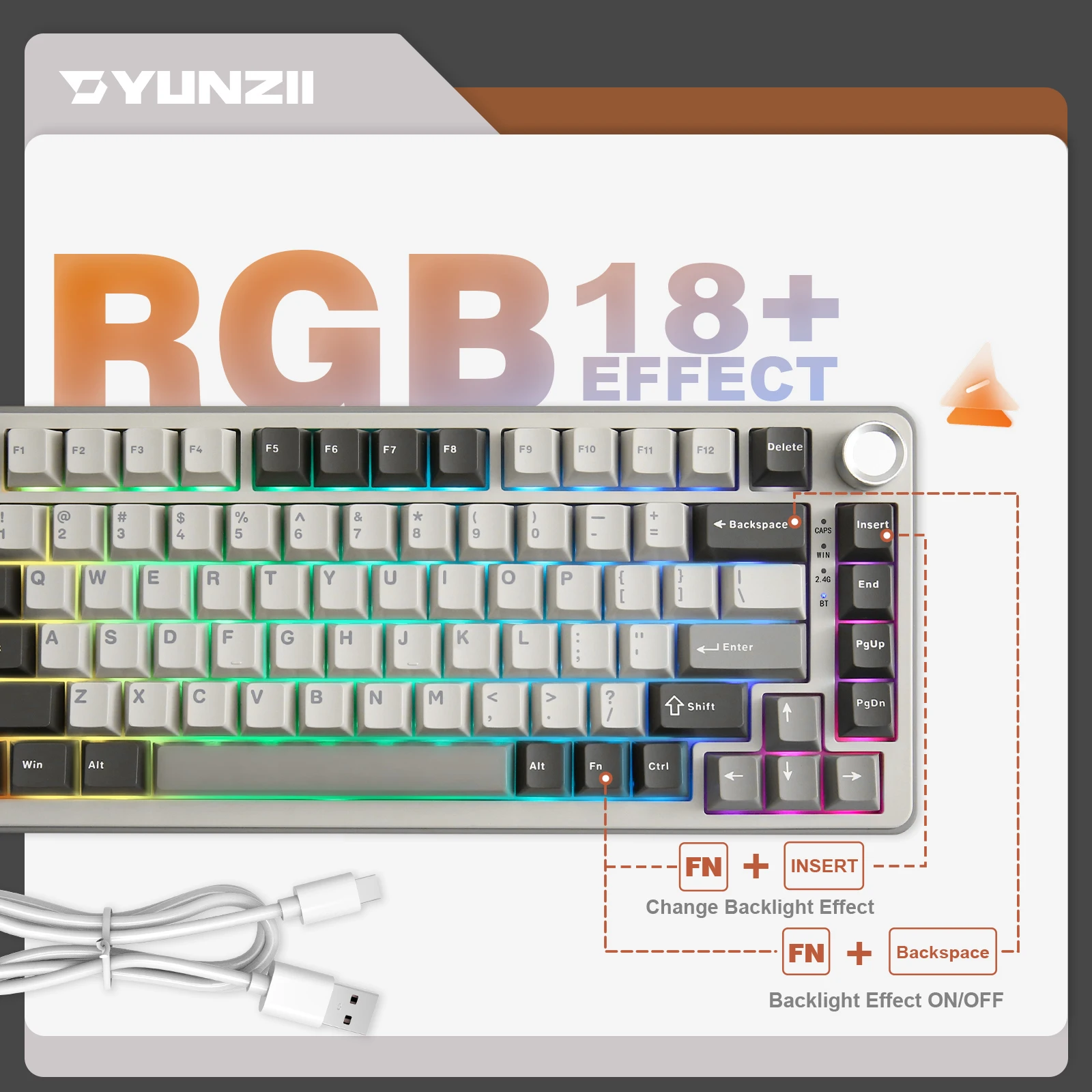 YUNZII B75 PRO Grey 75% tastiera da gioco meccanica Wireless a 82 tasti, guarnizione Hot Swap Custom RGB BT/Type-C/2.4G pomello cremoso Keeb