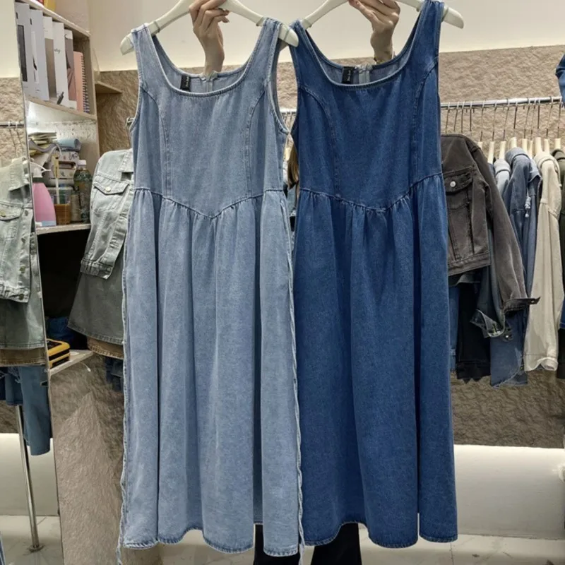 

Retro square neckline denim camisole dress for women's spring and summer loose sleeveless dress