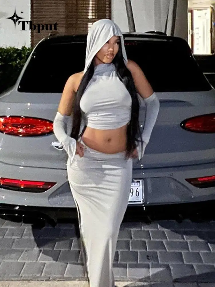 

Y2k шикарный топ с капюшоном, длинные юбки, Женский комплект, однотонный укороченный топ с открытой спиной, облегающая юбка, женский сексуальный женский костюм, блестящее Клубное платье, уличная одежда