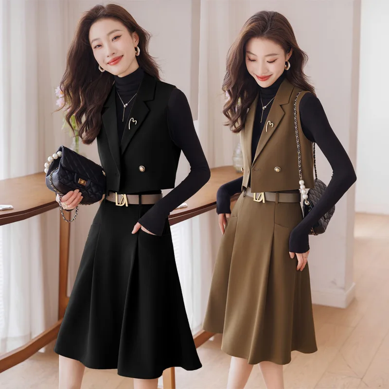 

Черный короткий жилет, пальто для женщин, осень, новый высококачественный изящный и модный костюм с юбкой, комплект из двух предметов