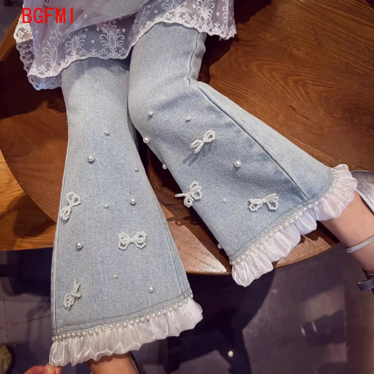 2026 봄 가을 신상 데님 트럼펫 팬츠 10대 소녀들을 위한 진주 프린지 장식 리본 청바지 5-12세 플레어 팬츠