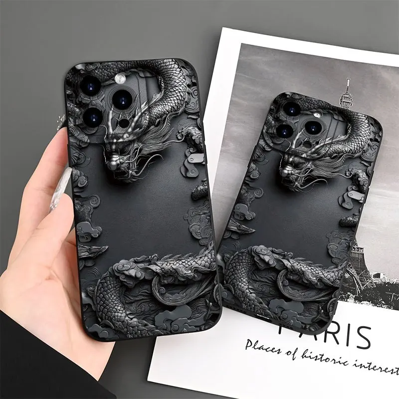 Elegant Black Chinese Loong Pattern Soft Matte Phone Case with Relief Design