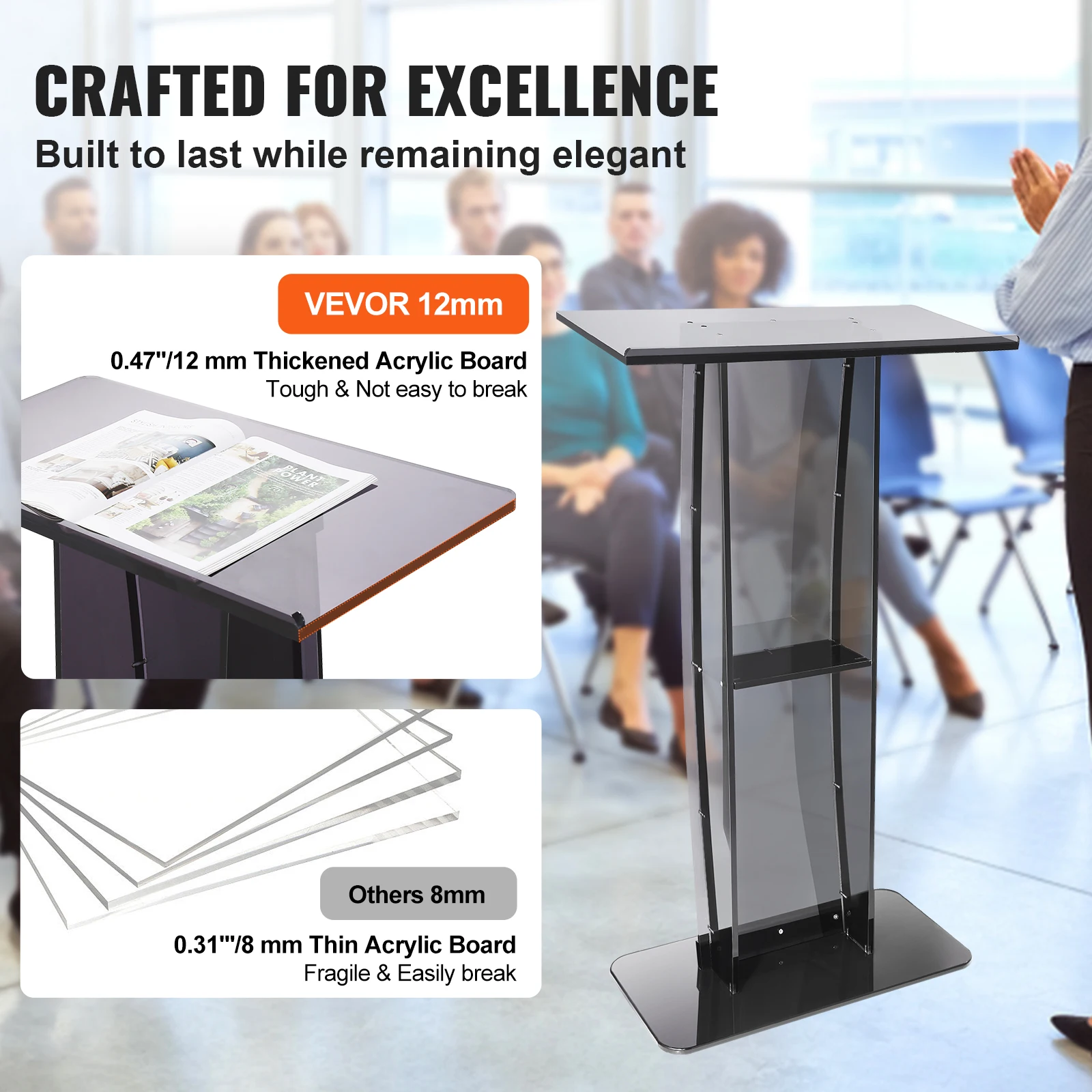VEVOR 47" Acrylic Podium Stand Floor-Standing Clear Pulpits Acrylic Desktop Lecterns W/ Storage Shelf  for Church Office School 4