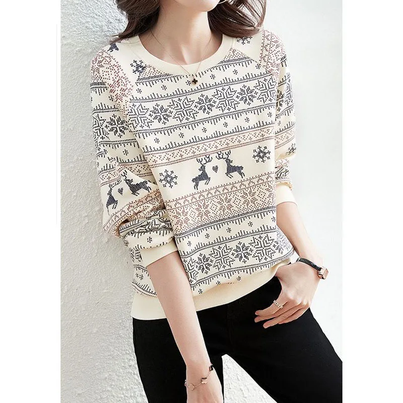 Women's Casual Fashion Printed Round Neck Sweatshirts 2023 Spring Autumn Loose Commute Long Sleeve Pullovers Female Clothing