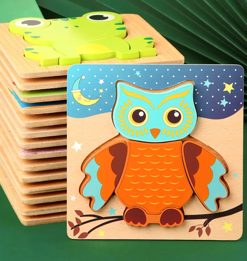 High Quality 3D Wooden Puzzles Educational Cartoon Animals Early Learning Cognition Intelligence Puzzle Game For Children Toys