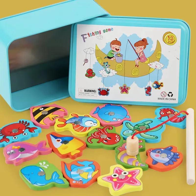 Montessori Wooden Magnetic Fishing Game Magnet Fish Catching Puzzle Wooden Toys