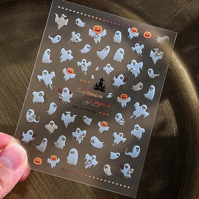 1 Sheet Halloween Ghost Nail Stickers - White Flutter Pumpkin Self-Adhesive Nail Decals, DIY Manicure Charms for Women Salon