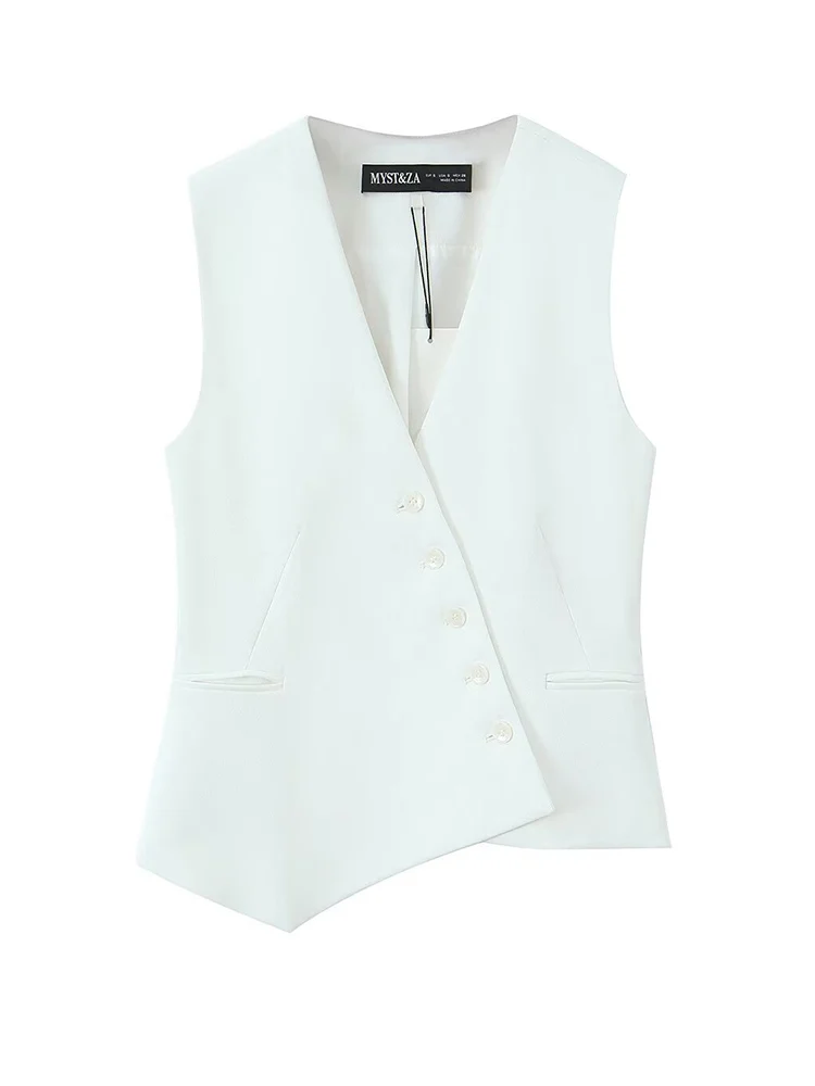 TFMLN New Women Spring Summer Asymmetrical Vest Female V-neck Slim Commuting Vest  Sleeveless Top Buttons Black White Outerwear