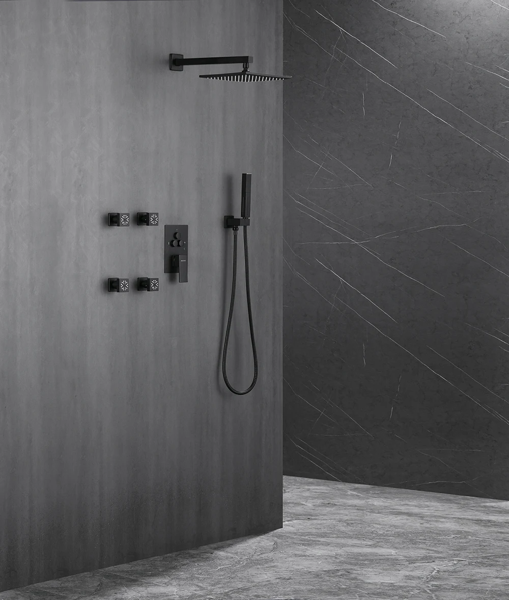 

Modern 12 Inch Ceiling Rain Shower System Flush-Mounted shower concealed mixer shower system faucet sets With body jets black