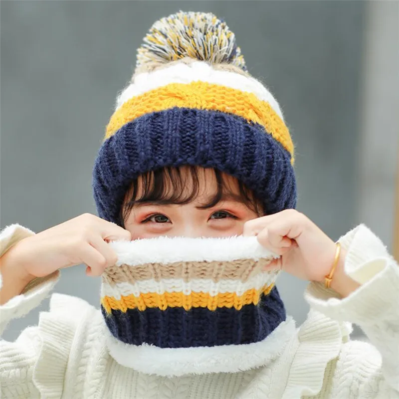 Big Kids Winter Knit Soft Hat and Scarf Set Child Plush Warm Winter Cap Scarves Girls Patchwork Circular Scarf Hat Frozen