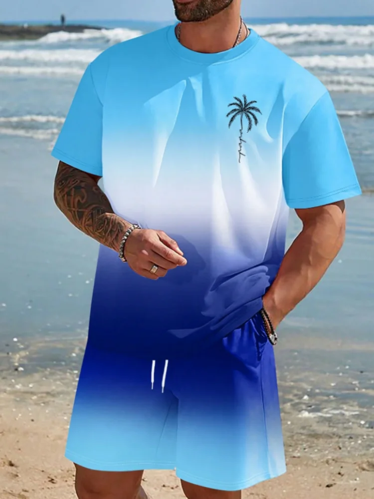 Men's Palm Tree Print Crew Neck Short Sleeve Casual T-Shirt And Drawstring Waist Shorts Set 2025 Holiday Beach Oversized Outfits