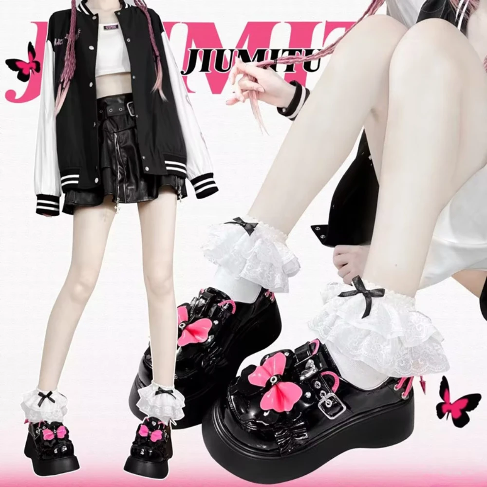 Lolita Pump Shoes Sweet Cool Hot Girl Punk Thick Bottom Round Head Bow Paltform JK Uniform Shoes Female Casual High Heels