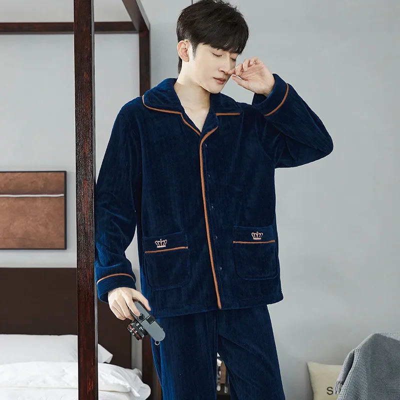 Fashion Design Pajamas Set Men Autumn Winter Flannel Thermal Lapel Coral Fleece Loungewear Suit Male Comfortable Warm Homewear cotton pajamas set
