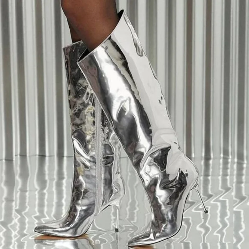 

Silver Mirror Leather Knee-high Boots Side Zipper Pointed Stiletto Heel Boots Women Big size Women Winter Shoes