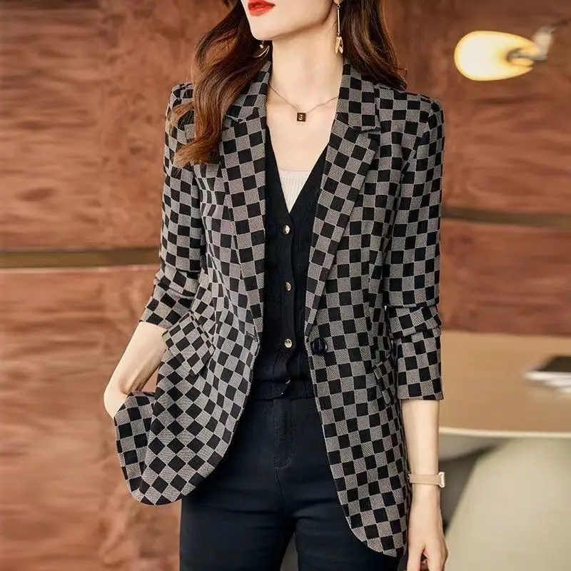 

Women's Plaid Slim Suit Jacket Spring Autumn 2023 New Fashion Leisure Temperament Age-reducing Small Suit Jacket Female Blazer