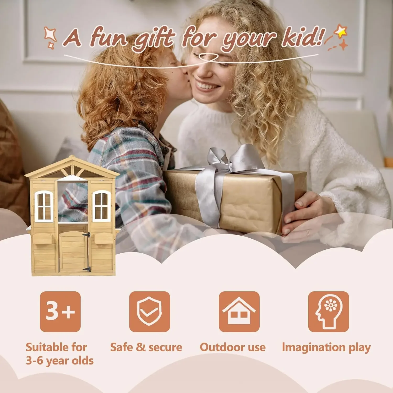 Wooden Playhouse for Kids Outdoor,Kids Playhouse with Working Door, Windows, Mailbox,Flowers Pot Holder & Serving Station,
