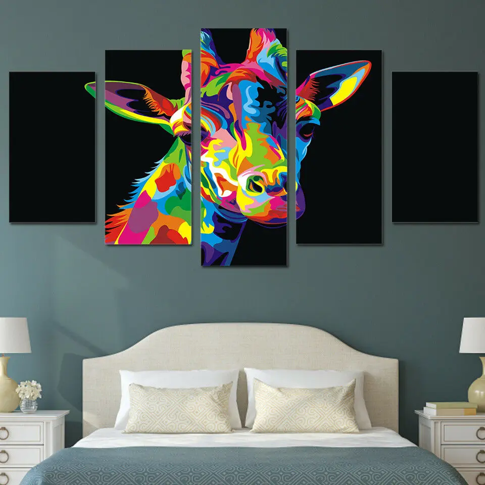 

5D Colorful Giraffe Animal Painting 5 Panel Canvas Print Wall Art Poster Decor HD Print Pictures Home Decor No Framed 5 Piece