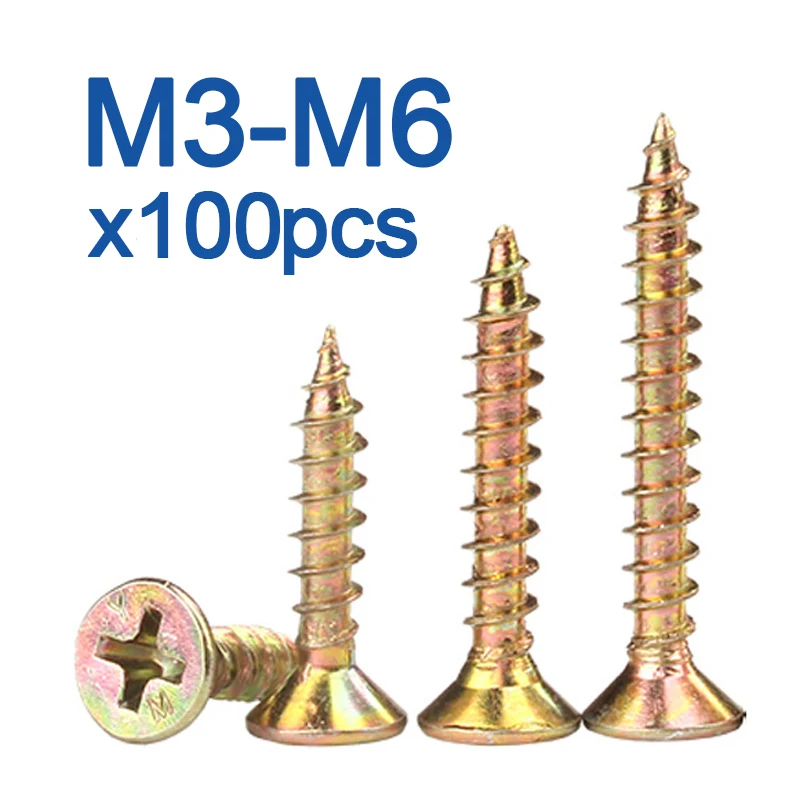 

100pcs/lot M3 M3.5 M4 M5 M6 Zinc Coated Cross Recessed Countersunk fibreboard Chipboard Flat Head Self Tapping Wood Screw