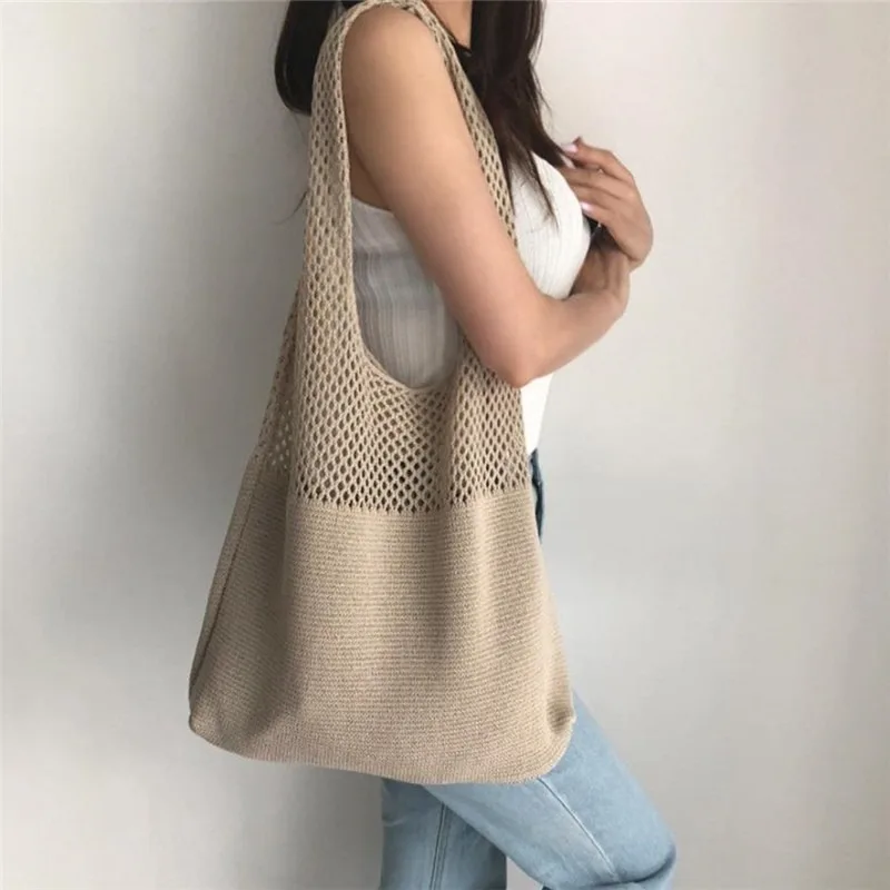 Chic Simple Retro Hollow Tote Bag Stylish Hollow Out Knitted Shoulder Bag Weave Handbag Shopping Bag for Women Daily Collocation