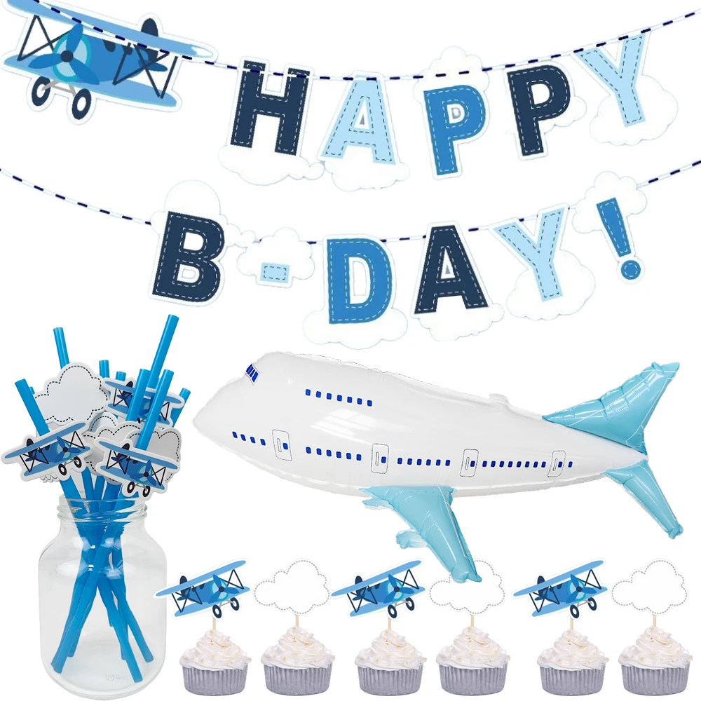 Flugzeug-Party-Dekorationen, Happy B-Day, Papierstrohhalme, Kuchenaufsatz für Kinder, Jungen, Flugzeug-Thema, Geburtstag, Babyparty, Dekorationszubehör