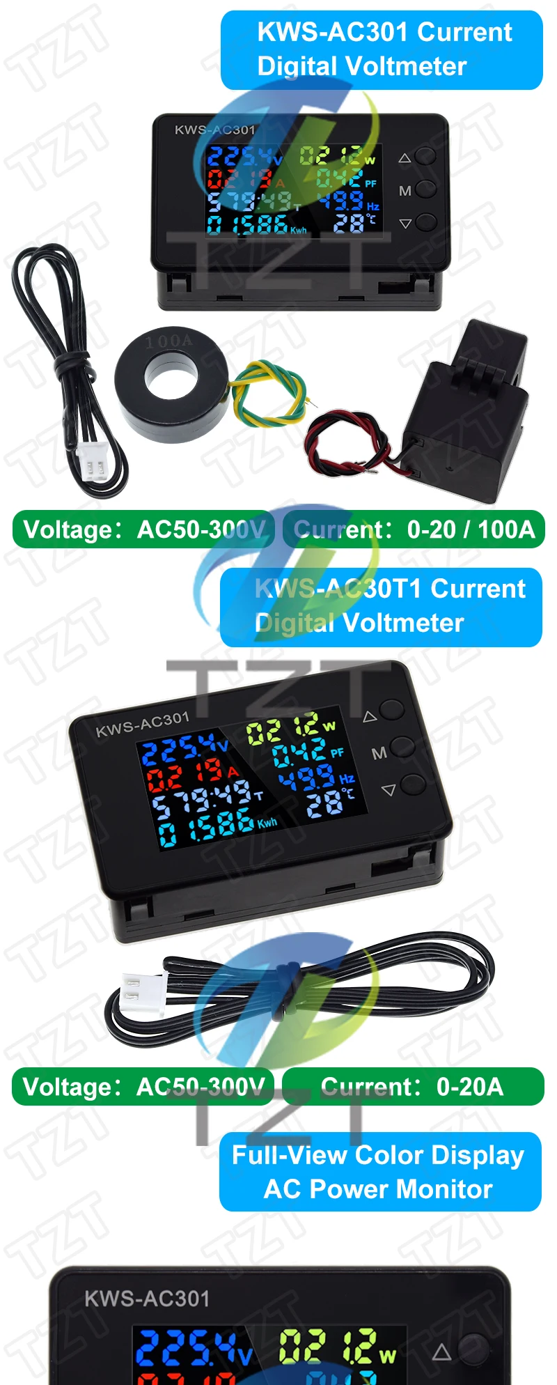 KWS-AC301 AC300 Digitales Strom-Spannungsprüfgerät-Modul AC 50–300 V Strom-Energiezähler AC Stromzähler 0–20/100 A – Detail 8