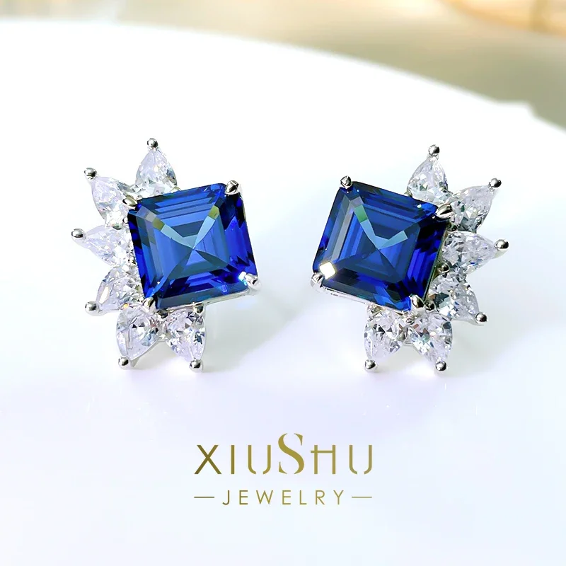 

Light Luxury Leaf Fat Fang Asche Royal Blue Pure Silver Ear Stud Inlaid with High Carbon Diamond Versatile Artificial Emerald