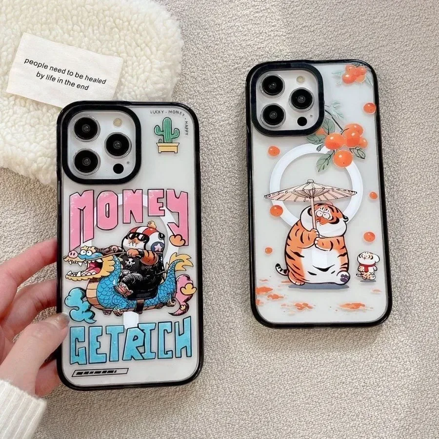 Acrylic Black Border Cartoon Tiger iPhone 11 12 13 14 15 Pro Max Case - Protective iPhone Case with MagSafe