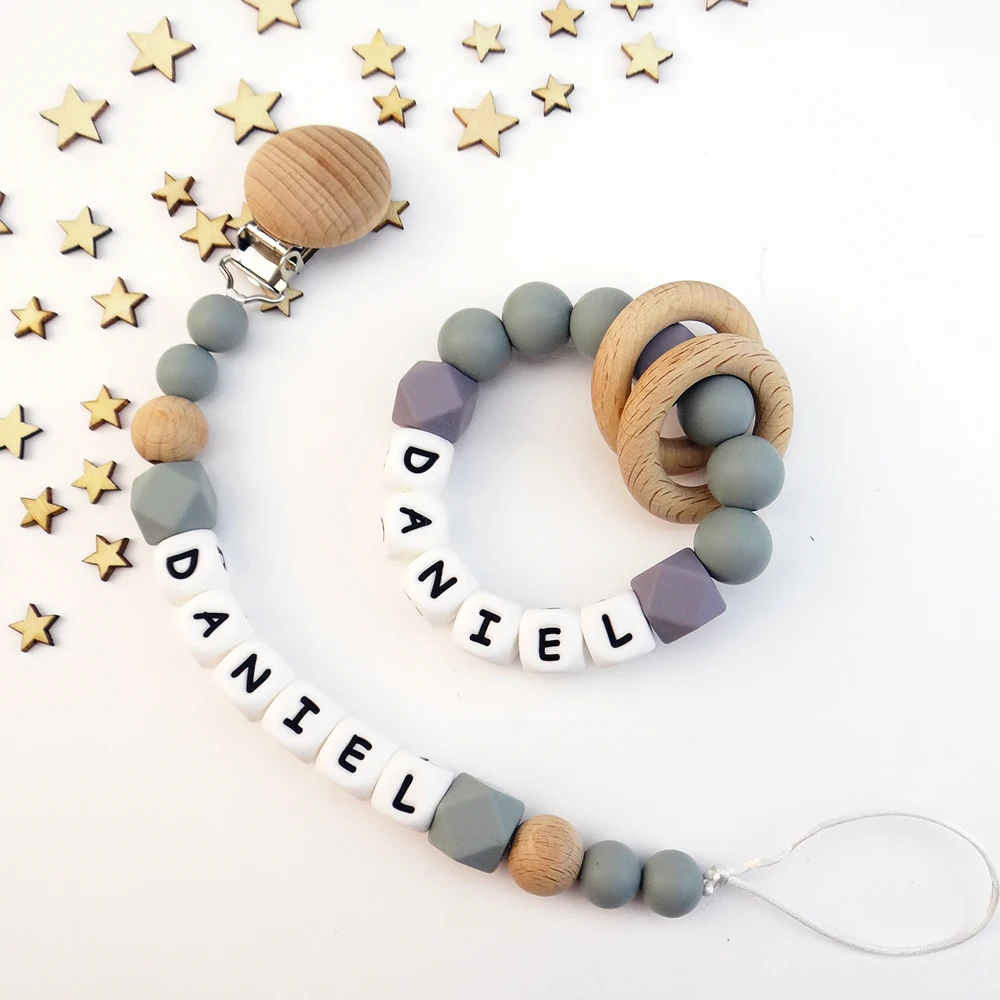 Pacifier Chain Pacifier Clip Pacifier Accessories Teether Clip 2PCS Personalized Name Pacifier Clips Silicone Letter Beads Teething Bracelet Wooden Nipple Holder Dummy Chain Baby Shower Gifts