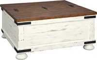 Wystfield Farmhouse Square Storage Coffee Table with Hinged Lift Top, Distressed White 1