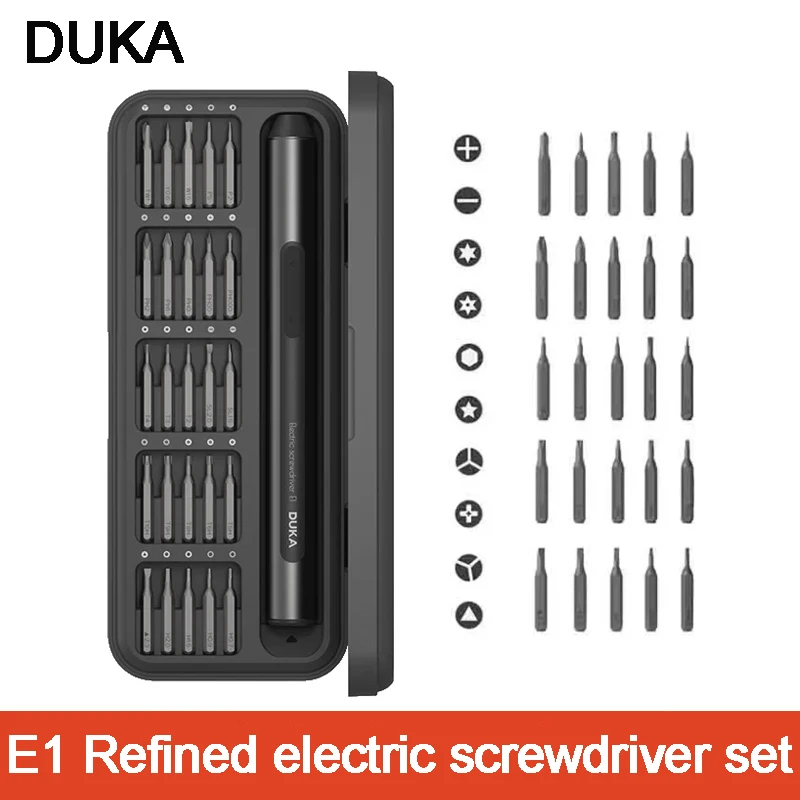 

Отвертка DUKA E1 усовершенствованная электрическая, 25 насадок из легированной стали S2, отвертка с магнитным всасыванием и литиевым аккумулятором