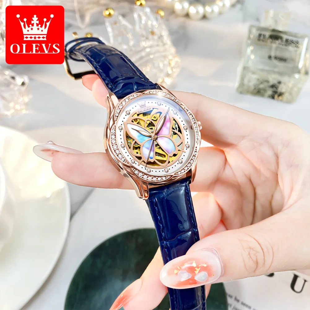 OLEVS Luxury Hollow Mechanical Watches for Women Blue Leather Strap Waterproof Automatic Skeleton Women Wristwatches Gift Set
