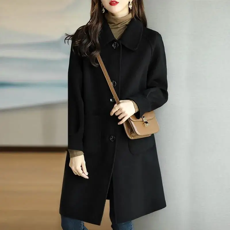 

Women Pea Coat Trendy Solid Color Thickened Woolen Coat Winter Warm Long Sleeves Casual Jacket Black Grey Apricot Camel