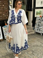 Women's 2-piece Set Of Blue Embroidered Single-breasted Loose Shirt + Chic High-waisted Loose Pleated Street Skirt Suit 2