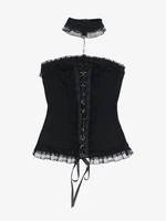 New Gothic Corset Lace-trim Halter Top Solid Black Women Sexy Front Lace-Up Braided Corsets - Image 5