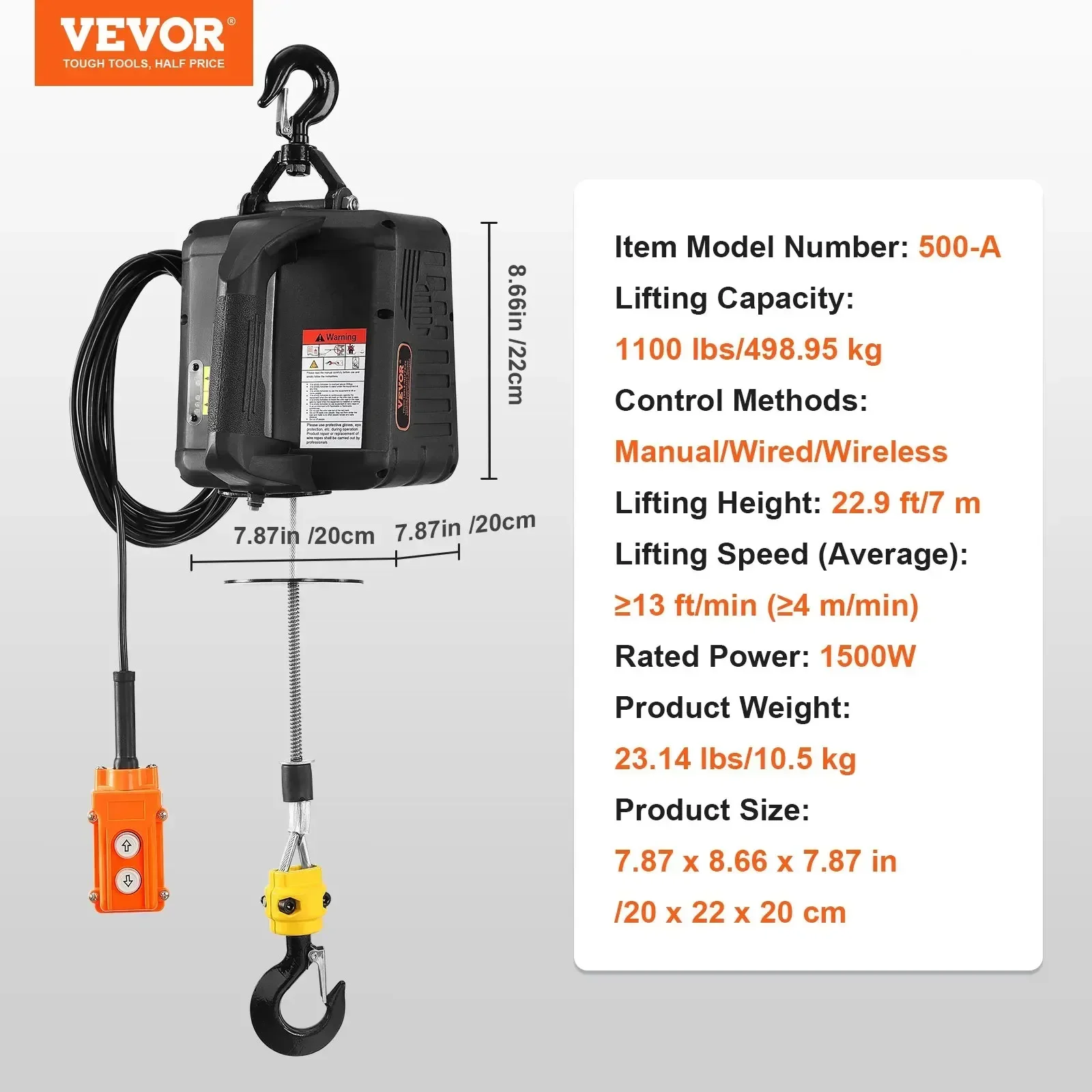 1100lbs1500W 3-in-1Electric Hoist Winch Portable Power Winch Crane with Wired/Wireless Remote Control for Overload Protect VEVOR
